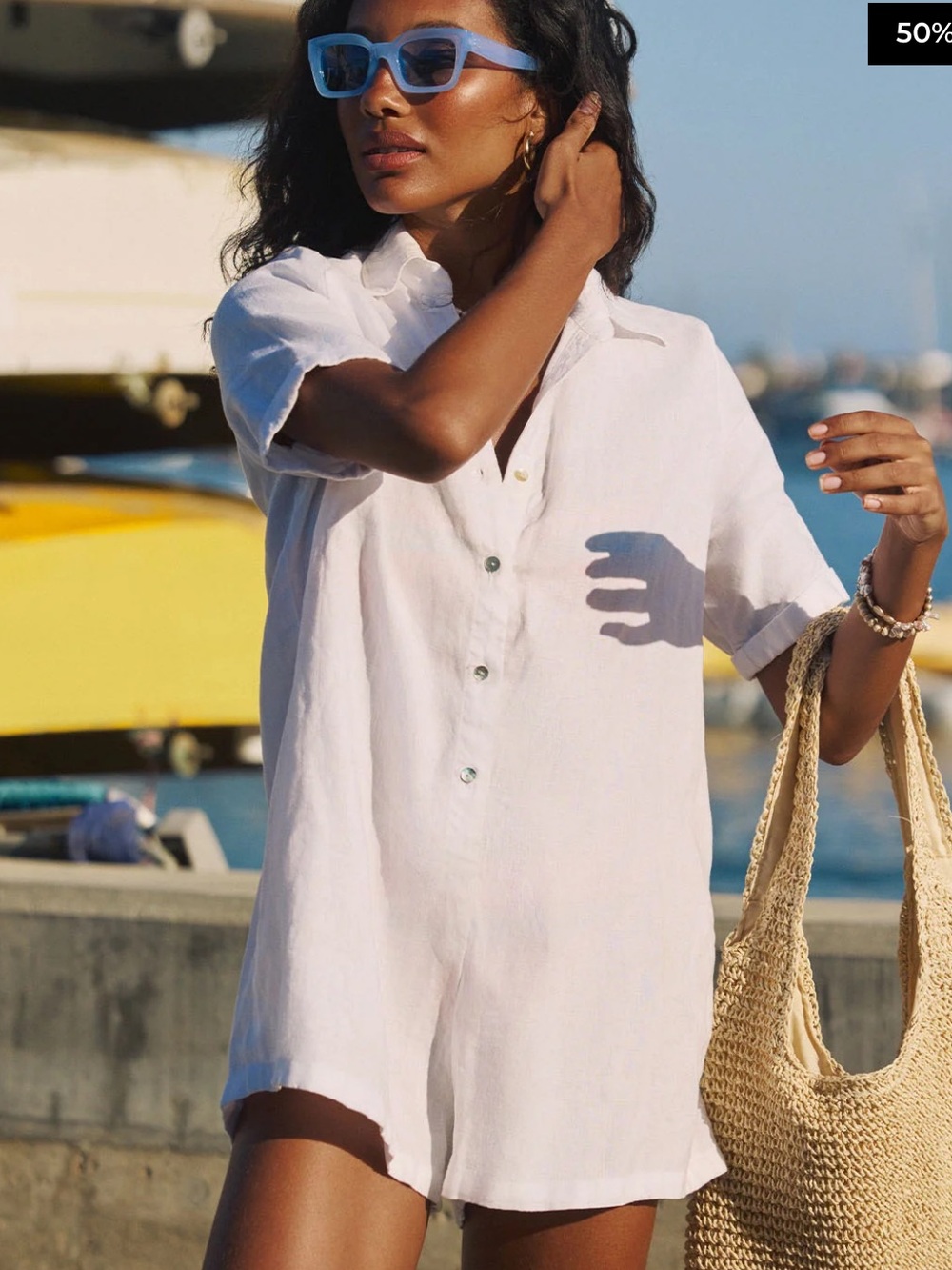 PQ swim Women’s White Linen Short Romper - Lightweight Beach Cover-Up